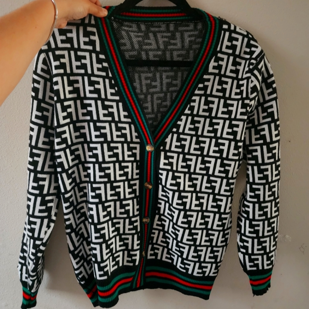 Black & White Patterned V-Neck Cardigan with Stripe Trim